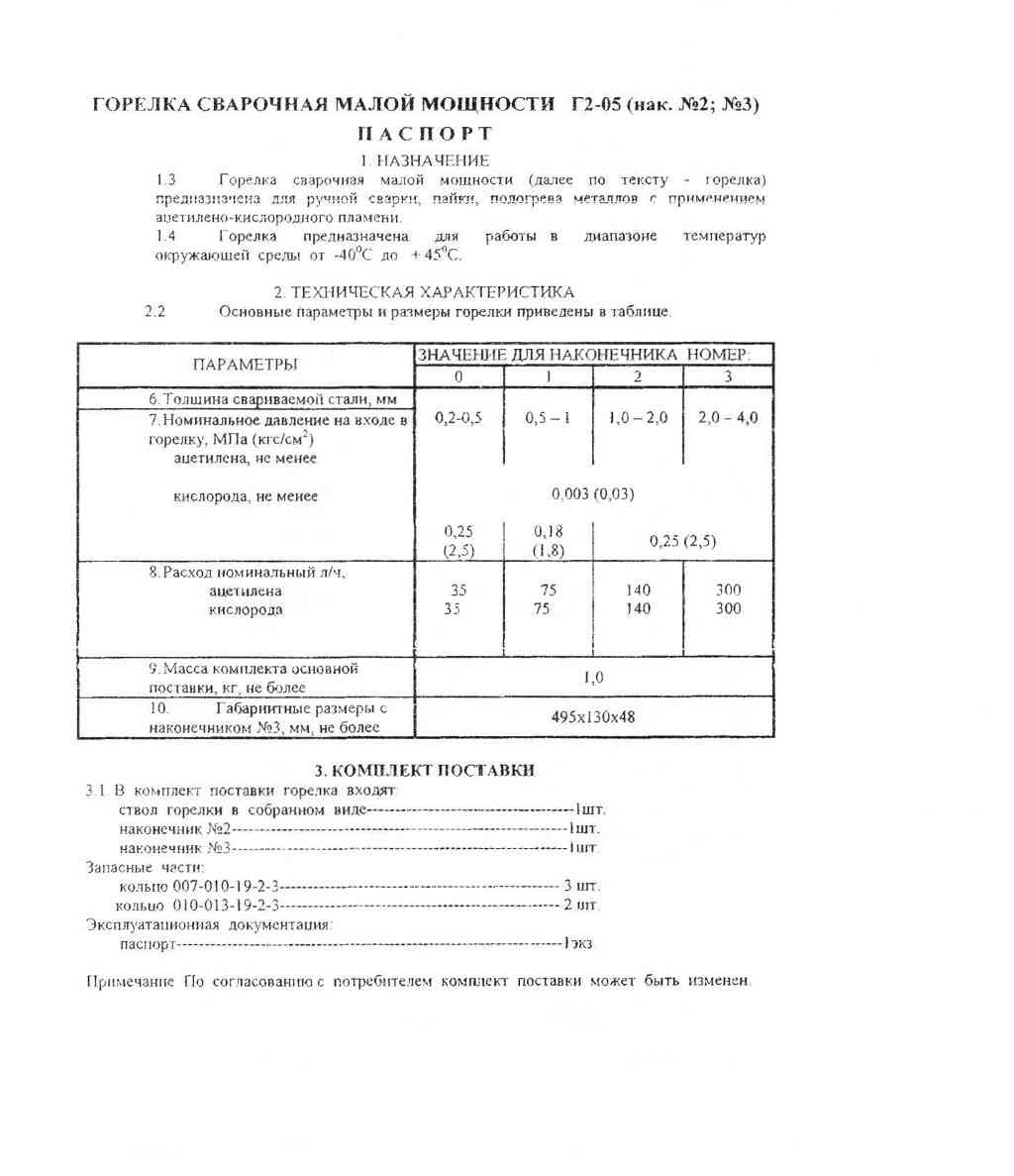 Паспорт горелка ацетиленовая Г2 Автоген