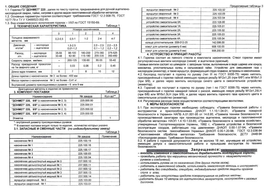 Паспорт горелка ацетиленовая Г2 Донмет