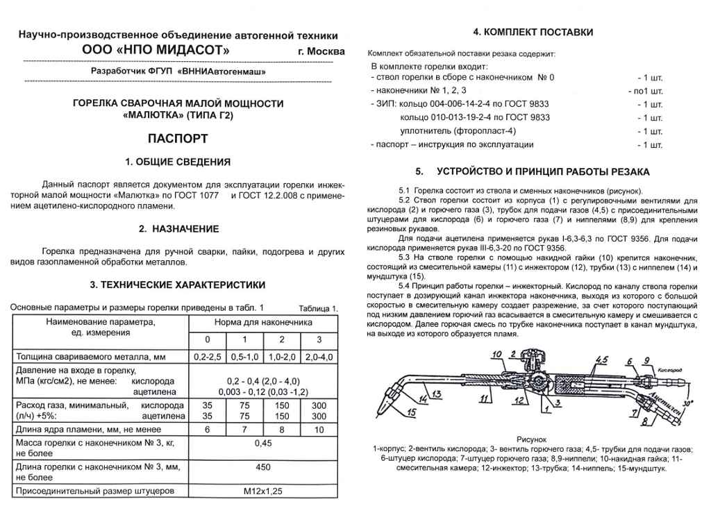 Паспорт горелка ацетиленовая Малютка-Автоген