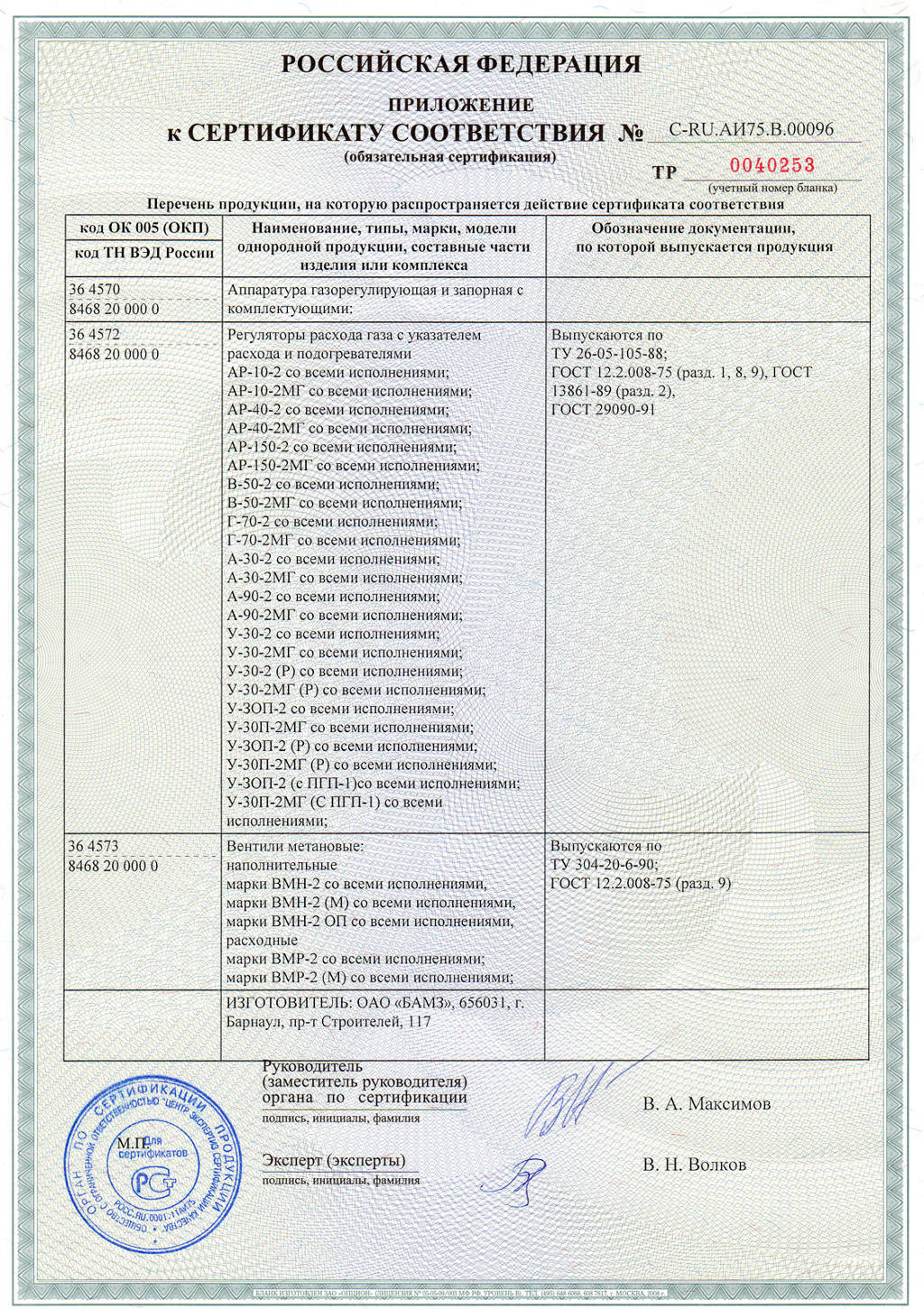Сертификат на регуряторы БАМЗ (приложение 1)
